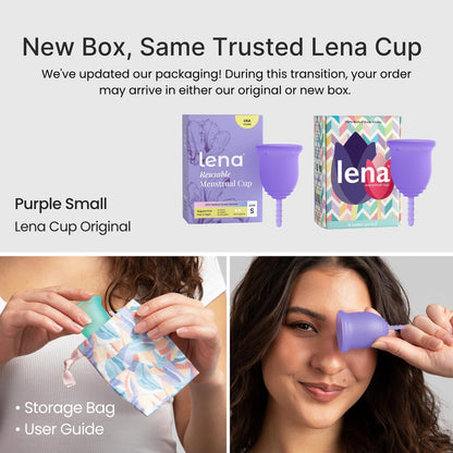 Lena Menstruationsbecher Original – Wiederverwendbare Menstruationstasse aus medizinischem Silikon, sanfter 12-Stunden-Schutz, auslaufsicher, anfängerfreundlich – klein, lila