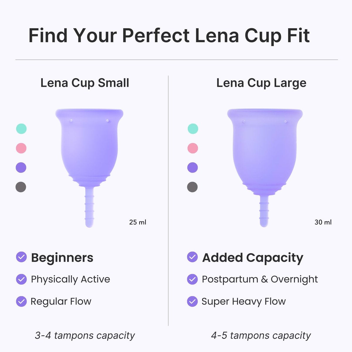 Lena Menstruationsbecher Original – Wiederverwendbare Menstruationstasse aus medizinischem Silikon, sanfter 12-Stunden-Schutz, auslaufsicher, anfängerfreundlich – klein, lila