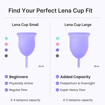Lena Menstruationsbecher Original – Wiederverwendbare Menstruationstasse aus medizinischem Silikon, sanfter 12-Stunden-Schutz, auslaufsicher, anfängerfreundlich – klein, lila