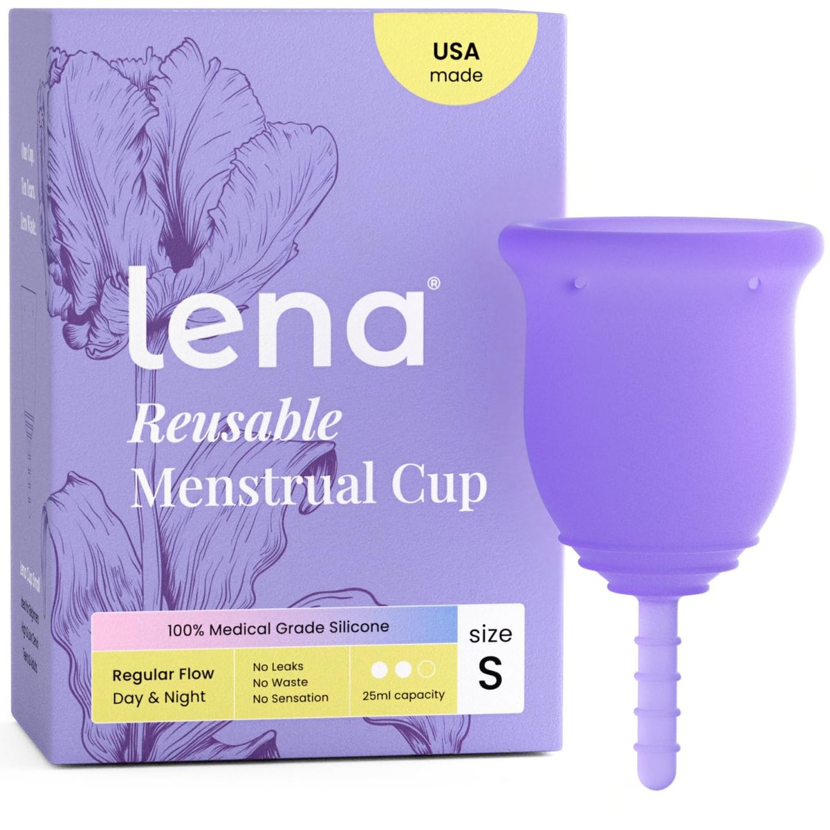 Lena Menstruationsbecher Original – Wiederverwendbare Menstruationstasse aus medizinischem Silikon, sanfter 12-Stunden-Schutz, auslaufsicher, anfängerfreundlich – klein, lila