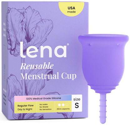 Lena Menstruationsbecher Original – Wiederverwendbare Menstruationstasse aus medizinischem Silikon, sanfter 12-Stunden-Schutz, auslaufsicher, anfängerfreundlich – klein, lila