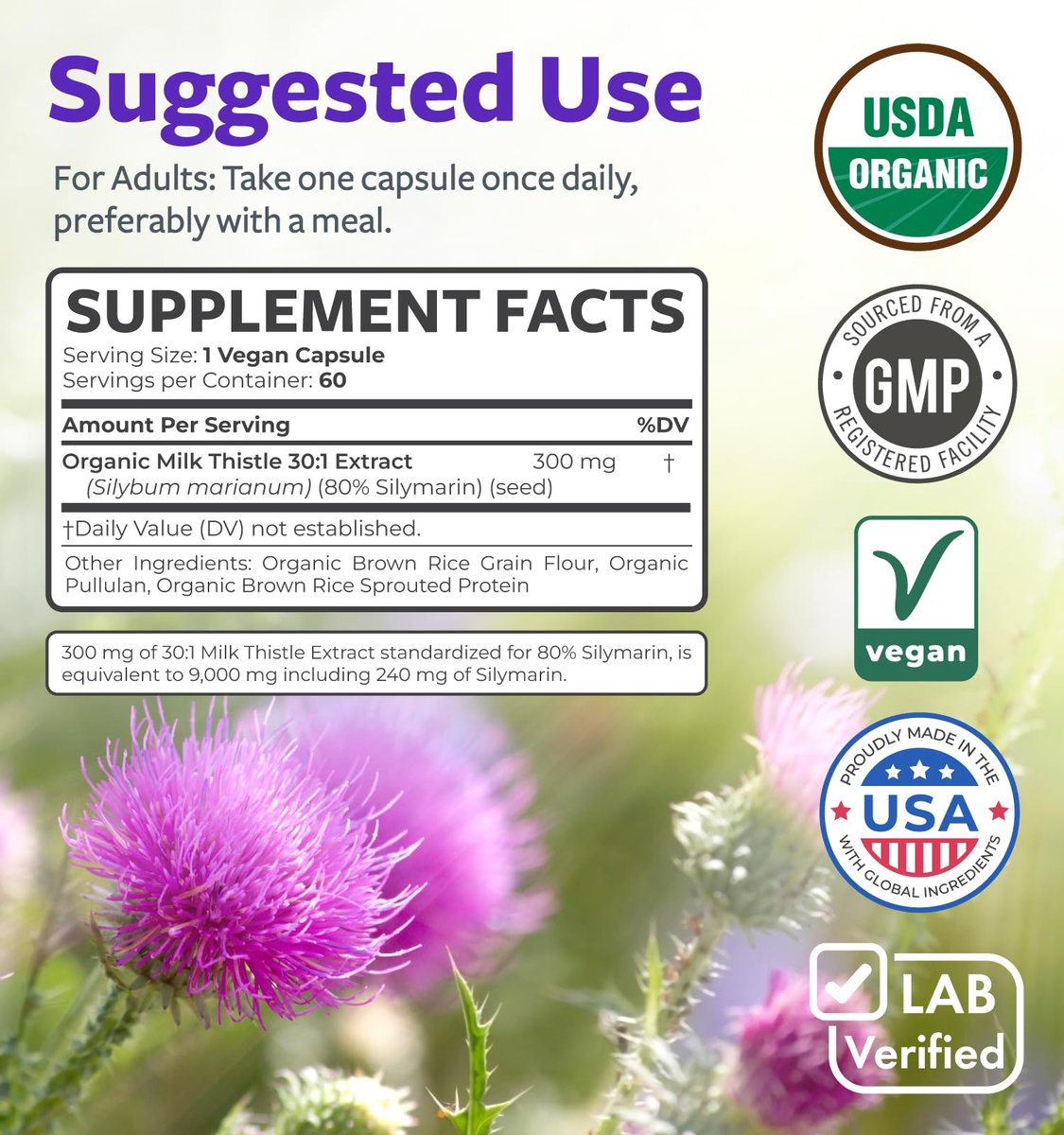 Bio Mariendistel Kapseln - 80% Silymarin, 300 mg Extrakt (30:1) hochkonzentriert, entspricht 9.000 mg, 60 Tage Vorrat