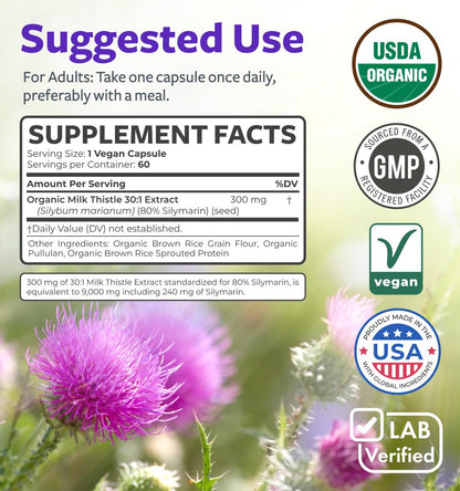 Bio Mariendistel Kapseln - 80% Silymarin, 300 mg Extrakt (30:1) hochkonzentriert, entspricht 9.000 mg, 60 Tage Vorrat