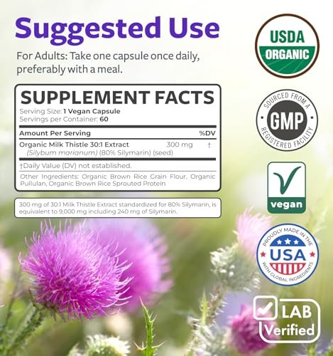Bio Mariendistel Kapseln - 80% Silymarin, 300 mg Extrakt (30:1) hochkonzentriert, entspricht 9.000 mg, 60 Tage Vorrat