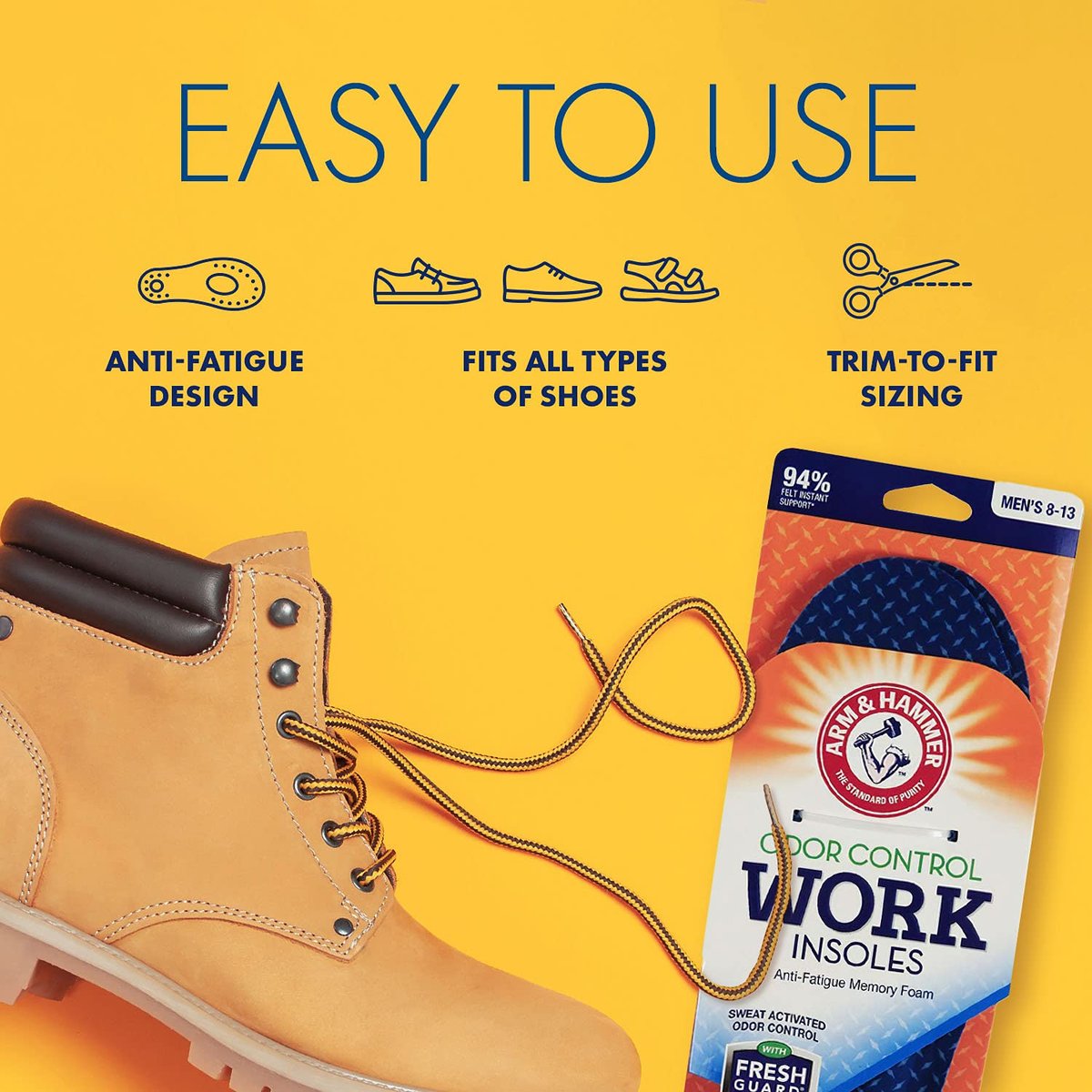 Arm & Hammer Memory Foam Work Einlegesohlen für Damen und Herren – Paar Anti-Ermüdungs-Gedächtnisschaum-Einlagen mit Fußgewölbeunterstützung für Arbeitsstiefel, Sneaker oder Business-Schuhe (1 Pack)