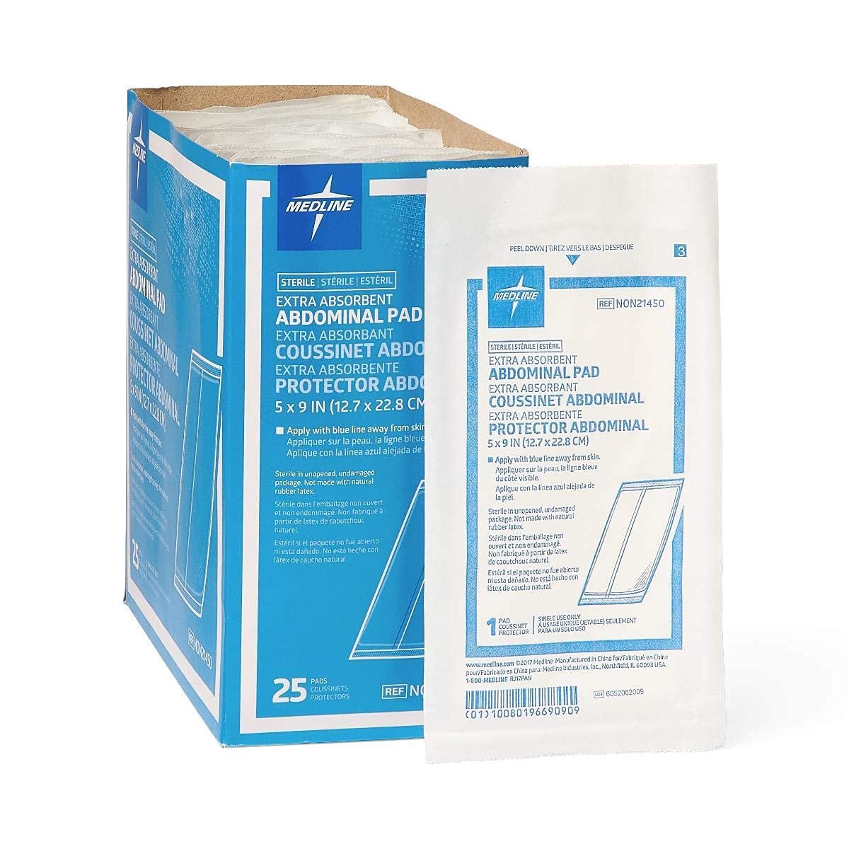 Medline NON21450H Sterile Bauchkompressen, super saugfähig, 5" x 9", 25 Stück