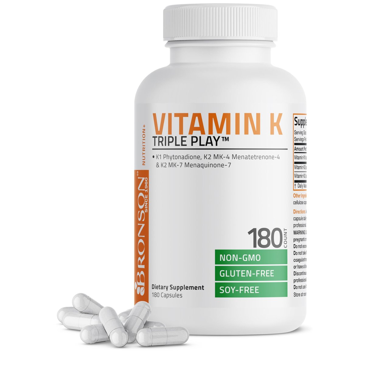Vitamin K Triple Play (Vitamin K2 MK7 / Vitamin K2 MK4 / Vitamin K1) Vollspektrum-Komplex Vitamin-K-Ergänzung, 180 Kapseln