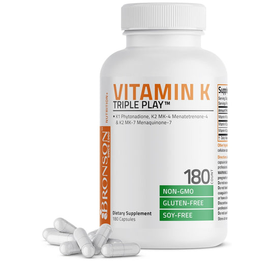 Vitamin K Triple Play (Vitamin K2 MK7 / Vitamin K2 MK4 / Vitamin K1) Vollspektrum-Komplex Vitamin-K-Ergänzung, 180 Kapseln