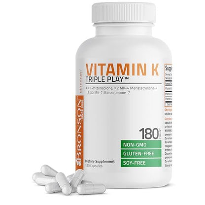 Vitamin K Triple Play (Vitamin K2 MK7 / Vitamin K2 MK4 / Vitamin K1) Vollspektrum-Komplex Vitamin-K-Ergänzung, 180 Kapseln