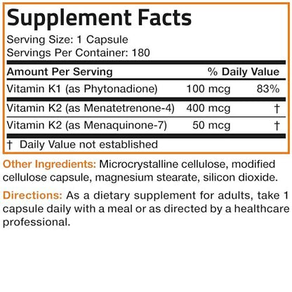 Vitamin K Triple Play (Vitamin K2 MK7 / Vitamin K2 MK4 / Vitamin K1) Vollspektrum-Komplex Vitamin-K-Ergänzung, 180 Kapseln