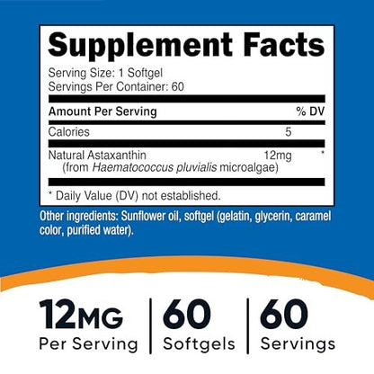 Nutricost Astaxanthin 12 mg, 60 Weichkapseln – Non-GMO und glutenfrei (2-Monats-Vorrat)