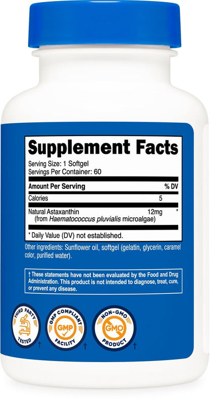 Nutricost Astaxanthin 12 mg, 60 Weichkapseln – Non-GMO und glutenfrei (2-Monats-Vorrat)