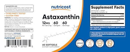 Nutricost Astaxanthin 12 mg, 60 Weichkapseln – Non-GMO und glutenfrei (2-Monats-Vorrat)