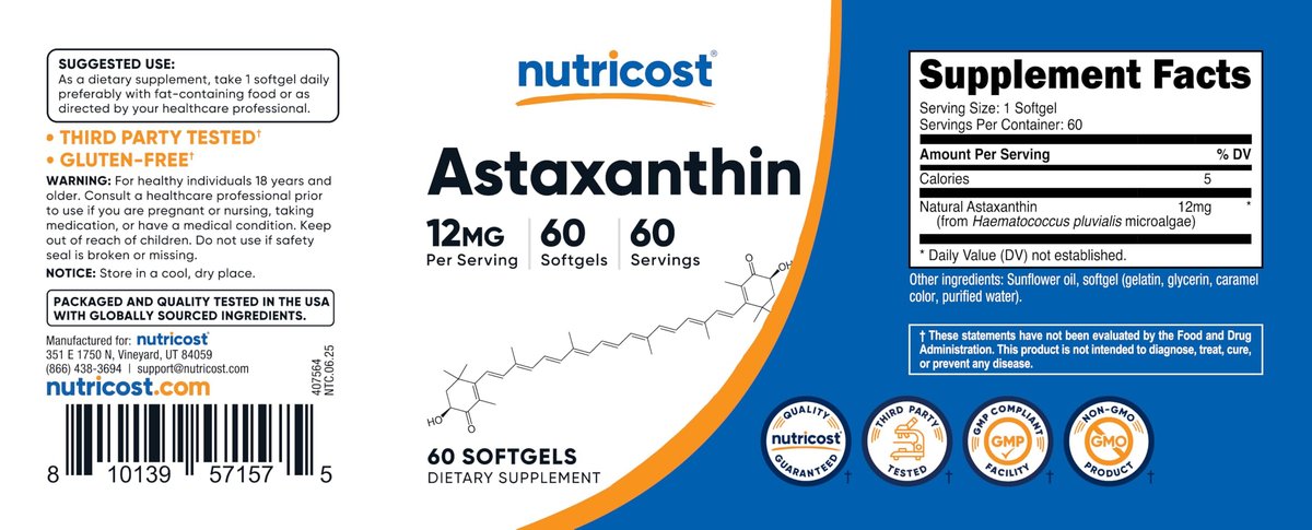 Nutricost Astaxanthin 12 mg, 60 Weichkapseln – Non-GMO und glutenfrei (2-Monats-Vorrat)