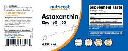 Nutricost Astaxanthin 12 mg, 60 Weichkapseln – Non-GMO und glutenfrei (2-Monats-Vorrat)