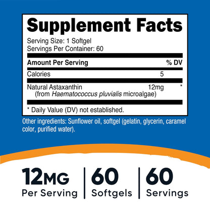 Nutricost Astaxanthin 12 mg, 60 Weichkapseln – Non-GMO und glutenfrei (2-Monats-Vorrat)