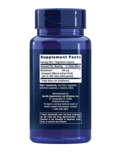 Life Extension Standardisierter Europäischer Heidelbeerextrakt, 100 mg, MirtoSelect® Vaccinium myrtillus, Augengesundheit, Durchblutung, Gelenkschmierung, glutenfrei, nicht-GVO, vegetarisch, 90 Kapseln