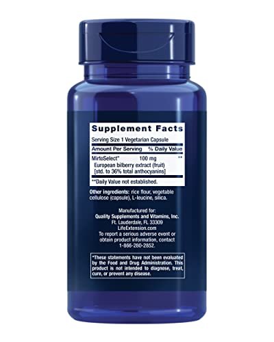 Life Extension Standardisierter Europäischer Heidelbeerextrakt, 100 mg, MirtoSelect® Vaccinium myrtillus, Augengesundheit, Durchblutung, Gelenkschmierung, glutenfrei, nicht-GVO, vegetarisch, 90 Kapseln