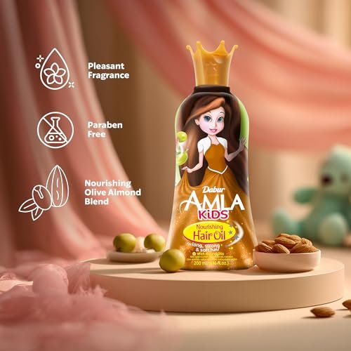 Dabur Amla Haaröl für Kinder – Pflegendes Öl mit Oliven- und Mandelextrakten, stärkt, macht weich und pflegt, sanfte Pflege für alle Haartypen, ideales tägliches Haaröl für Kinder, 200 ml