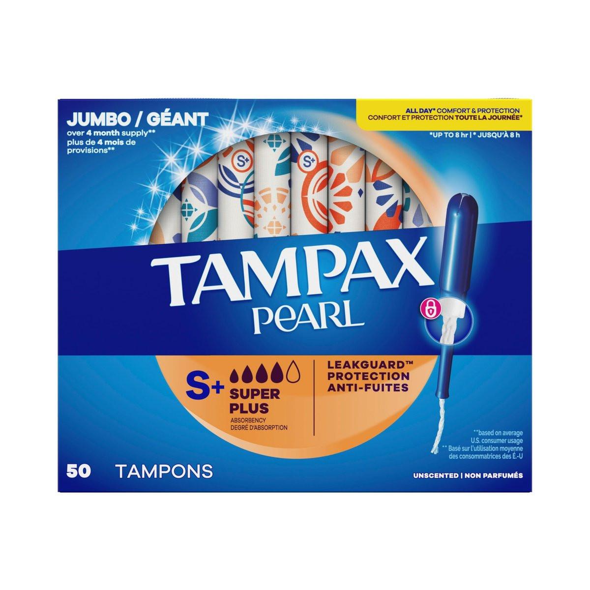 Tampax Pearl Tampons für Frauen, mit LeakGuard Braid, Super Plus Saugstärke, unparfümiert, 50 Stück
