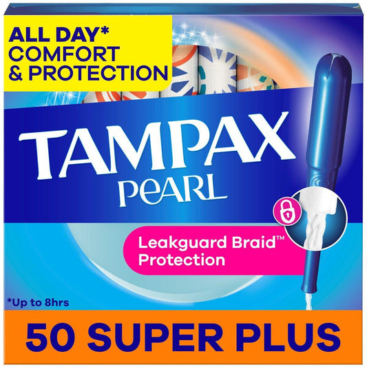 Tampax Pearl Tampons für Frauen, mit LeakGuard Braid, Super Plus Saugstärke, unparfümiert, 50 Stück