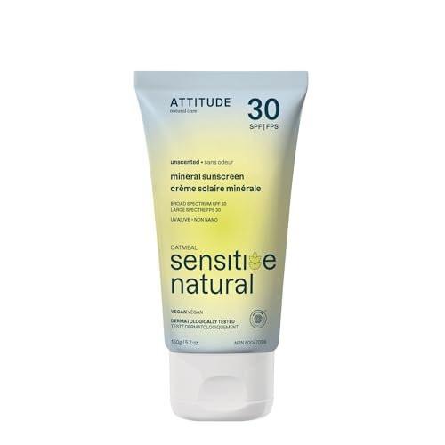 ATTITUDE Mineral Sonnencreme für empfindliche Haut, EWG-zertifiziert, Breitband UVA/UVB, dermatologisch getestet, pflanzlich & mineralisch, vegan, SPF 30, unparfümiert, 5,2 Unzen