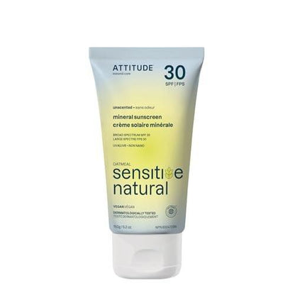 ATTITUDE Mineral Sonnencreme für empfindliche Haut, EWG-zertifiziert, Breitband UVA/UVB, dermatologisch getestet, pflanzlich & mineralisch, vegan, SPF 30, unparfümiert, 5,2 Unzen