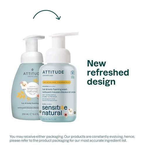 ATTITUDE 2-in-1 Shampoo und Duschgel für Babys, EWG-zertifiziert, mit pflanzlichen und mineralischen Inhaltsstoffen, dermatologisch getestet, vegan für empfindliche Haut, unparfümiert, 250 ml