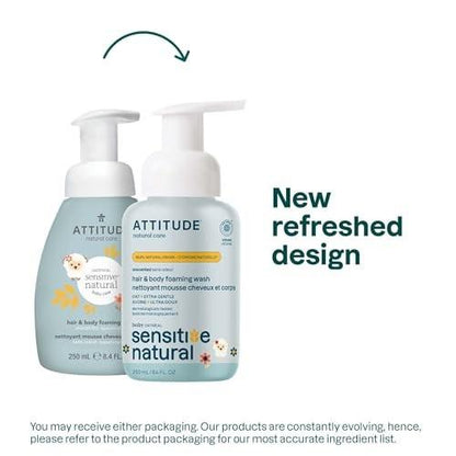 ATTITUDE 2-in-1 Shampoo und Duschgel für Babys, EWG-zertifiziert, mit pflanzlichen und mineralischen Inhaltsstoffen, dermatologisch getestet, vegan für empfindliche Haut, unparfümiert, 250 ml