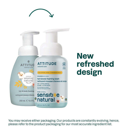 ATTITUDE 2-in-1 Shampoo und Duschgel für Babys, EWG-zertifiziert, mit pflanzlichen und mineralischen Inhaltsstoffen, dermatologisch getestet, vegan für empfindliche Haut, unparfümiert, 250 ml