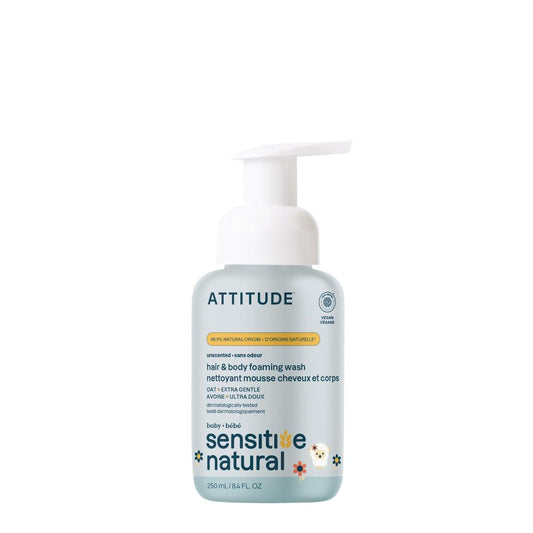 ATTITUDE 2-in-1 Shampoo und Duschgel für Babys, EWG-zertifiziert, mit pflanzlichen und mineralischen Inhaltsstoffen, dermatologisch getestet, vegan für empfindliche Haut, unparfümiert, 250 ml