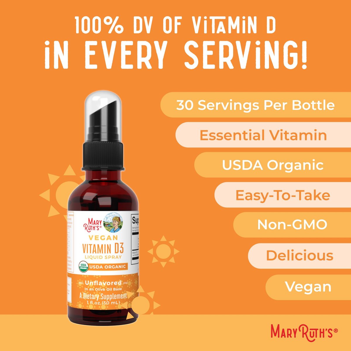 MaryRuth Organics Vitamin D Flüssig – USDA Bio Vitamin D3 Spray – Zuckerfrei, Vegan, Ohne Gluten – Immunsystem & Knochengesundheit – 30 Portionen