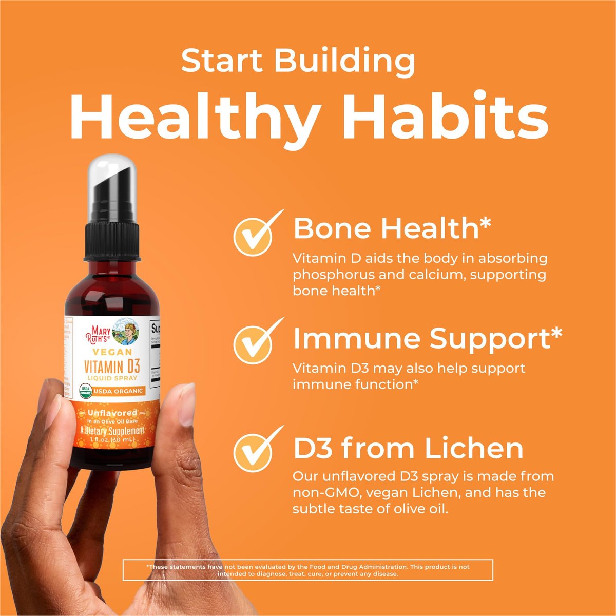 MaryRuth Organics Vitamin D Flüssig – USDA Bio Vitamin D3 Spray – Zuckerfrei, Vegan, Ohne Gluten – Immunsystem & Knochengesundheit – 30 Portionen