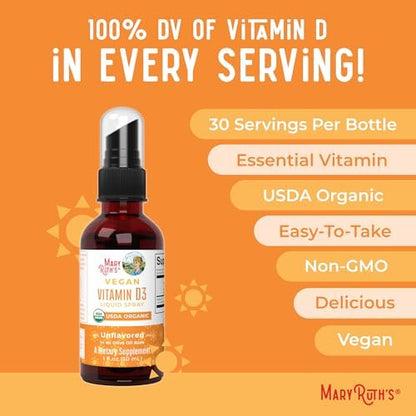 MaryRuth Organics Vitamin D Flüssig – USDA Bio Vitamin D3 Spray – Zuckerfrei, Vegan, Ohne Gluten – Immunsystem & Knochengesundheit – 30 Portionen