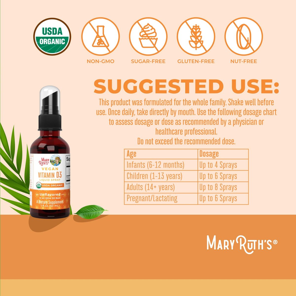 MaryRuth Organics Vitamin D Flüssig – USDA Bio Vitamin D3 Spray – Zuckerfrei, Vegan, Ohne Gluten – Immunsystem & Knochengesundheit – 30 Portionen