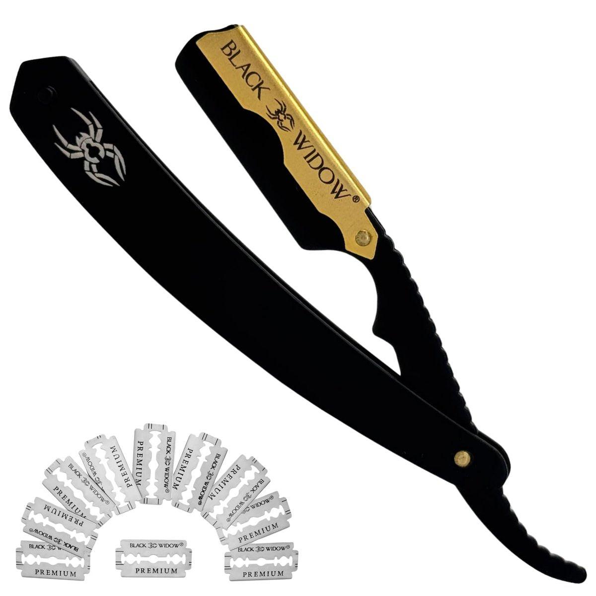 Black Widow Professional Straight Razor – Matt Schwarz & 24K Gold plated Finish Barber Rasiermesser für Herren – Swing Lock Griff, Edelstahl Shavette für Friseure & Anfänger inkl. 10 Klingen