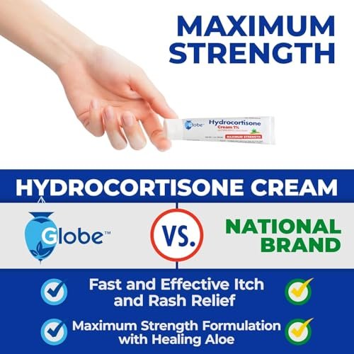 Globe Hydrocortison Creme 1% mit Aloe Vera, 3er Pack, max. Stärke gegen Juckreiz, Rötungen, Schwellungen, Insektenstiche, Ekzeme, Hämorrhoiden & mehr