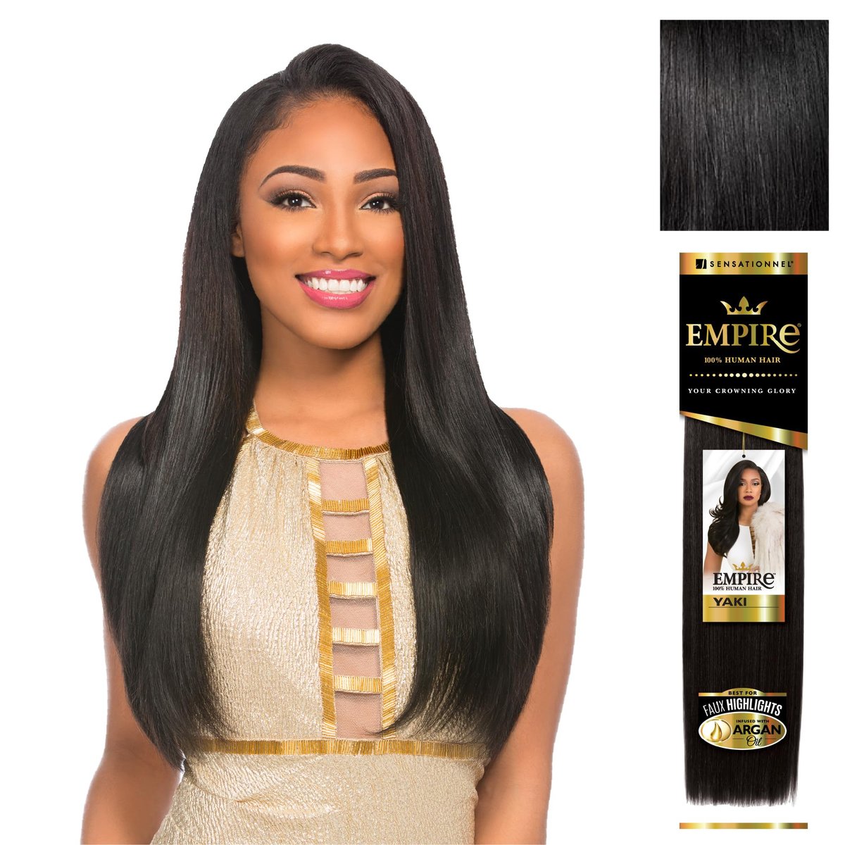 Sensationnel Empire Yaki Echthaar – 20 cm (8 Zoll) – 1 JETBLACK – Tangle Free Weaving für Quick Weave & Sew In mit Faux Highlights & Faux Middle Part