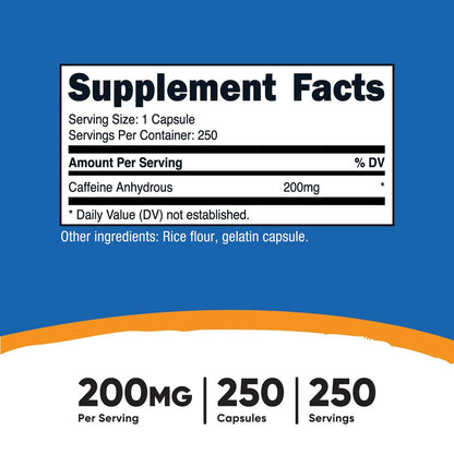 Nutricost Koffeinkapseln, 200 mg pro Portion (250 Kapseln) - Hochwertiges Nahrungsergänzungsmittel