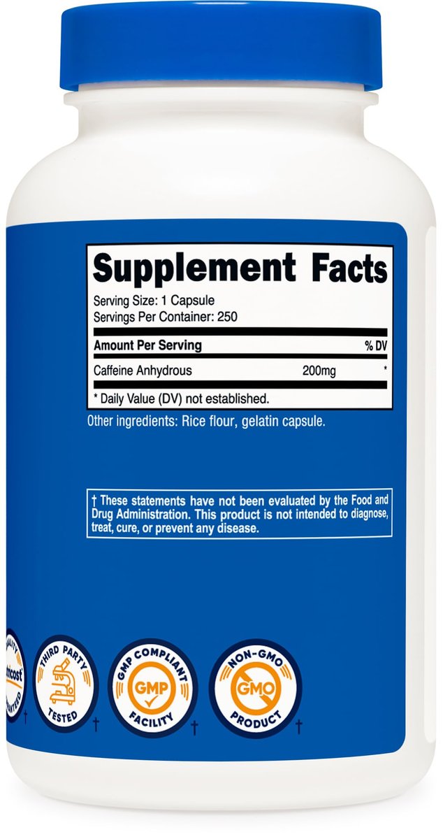 Nutricost Koffeinkapseln, 200 mg pro Portion (250 Kapseln) - Hochwertiges Nahrungsergänzungsmittel