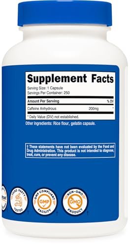 Nutricost Koffeinkapseln, 200 mg pro Portion (250 Kapseln) - Hochwertiges Nahrungsergänzungsmittel