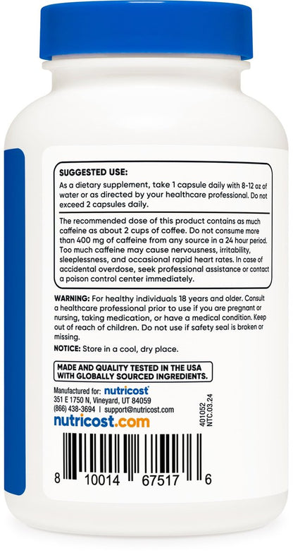 Nutricost Koffeinkapseln, 200 mg pro Portion (250 Kapseln) - Hochwertiges Nahrungsergänzungsmittel