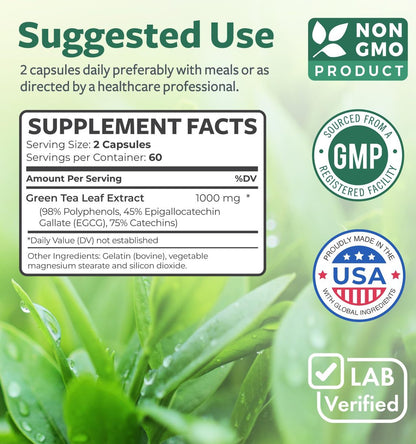 EGCG Grüntee-Extrakt Kapseln - Hochdosiert mit Polyphenolen, Catechinen und EGCG - 500 mg pro Kapsel - Non-GMO & hergestellt in den USA (2-Monats-Vorrat)