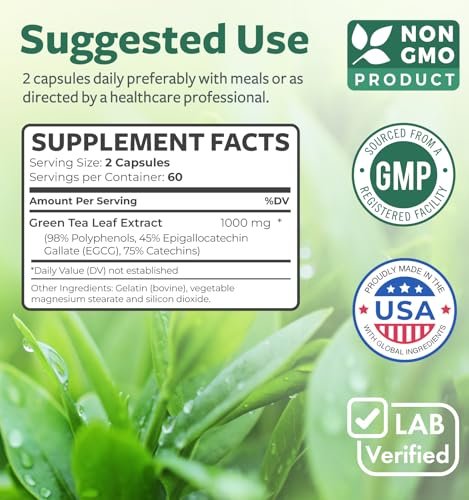 EGCG Grüntee-Extrakt Kapseln - Hochdosiert mit Polyphenolen, Catechinen und EGCG - 500 mg pro Kapsel - Non-GMO & hergestellt in den USA (2-Monats-Vorrat)