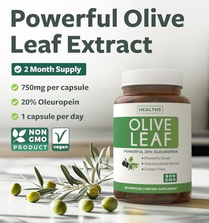 Super Strength Olivenblattextrakt Kapseln – Vegan, Non-GMO, 750 mg mit 20 % Oleuropein – Antioxidans für Immunität, Haut und Herz – hergestellt in den USA (2 Monatsvorrat)