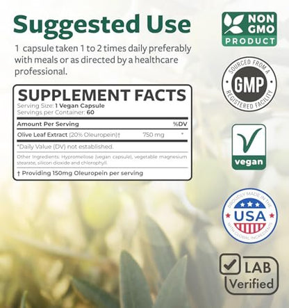 Super Strength Olivenblattextrakt Kapseln – Vegan, Non-GMO, 750 mg mit 20 % Oleuropein – Antioxidans für Immunität, Haut und Herz – hergestellt in den USA (2 Monatsvorrat)