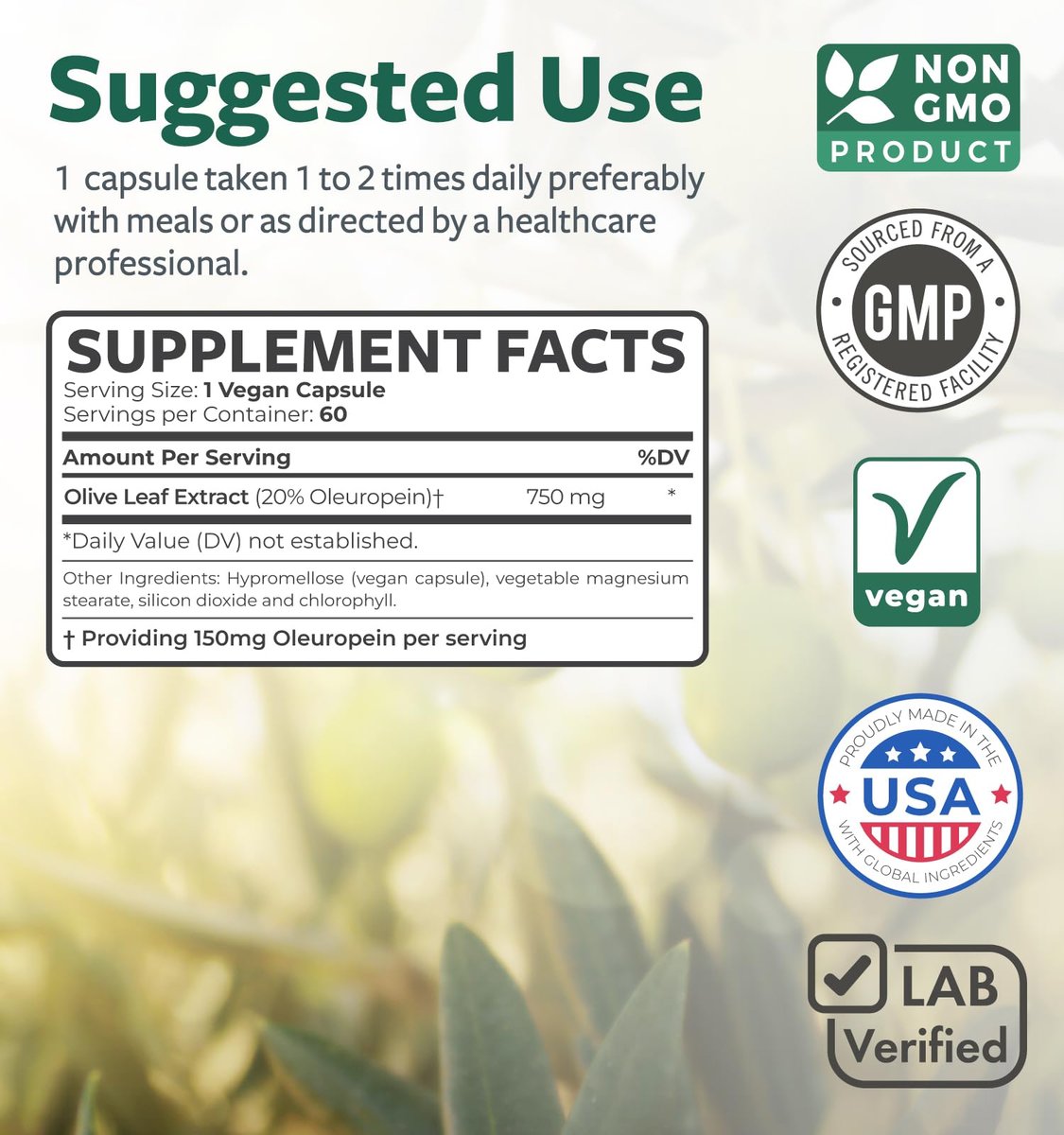 Super Strength Olivenblattextrakt Kapseln – Vegan, Non-GMO, 750 mg mit 20 % Oleuropein – Antioxidans für Immunität, Haut und Herz – hergestellt in den USA (2 Monatsvorrat)