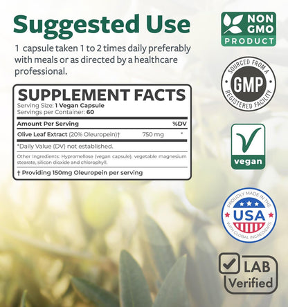 Super Strength Olivenblattextrakt Kapseln – Vegan, Non-GMO, 750 mg mit 20 % Oleuropein – Antioxidans für Immunität, Haut und Herz – hergestellt in den USA (2 Monatsvorrat)