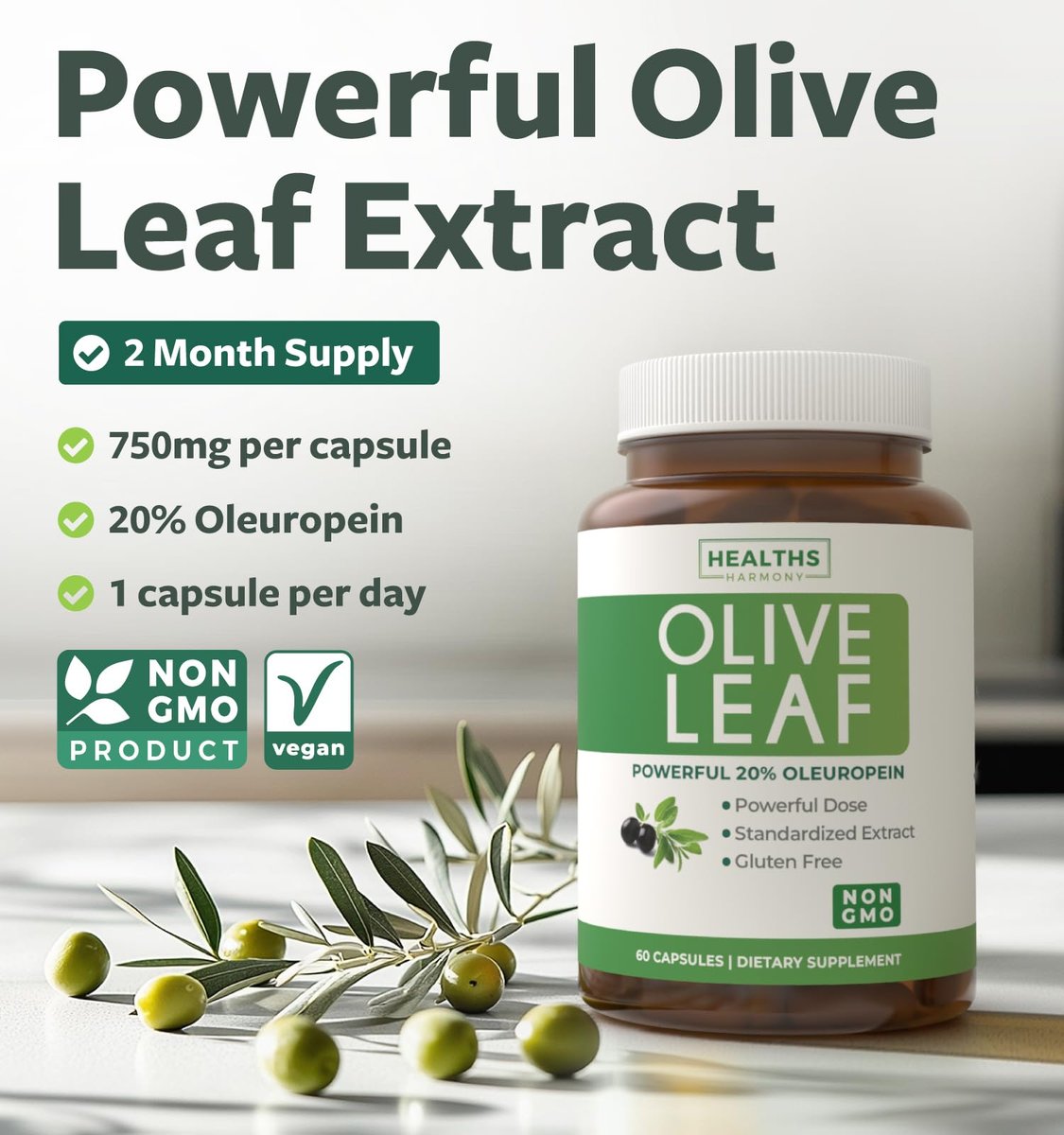 Super Strength Olivenblattextrakt Kapseln – Vegan, Non-GMO, 750 mg mit 20 % Oleuropein – Antioxidans für Immunität, Haut und Herz – hergestellt in den USA (2 Monatsvorrat)