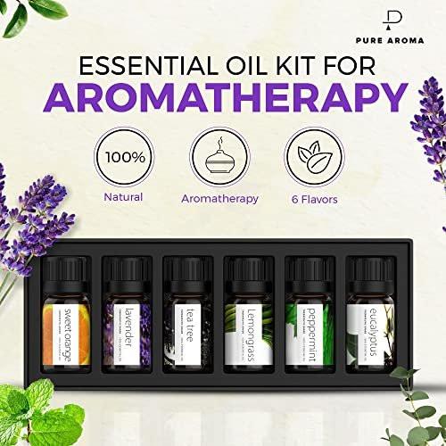 Pure Aroma Bio-Öle Set – Top 6 Aromatherapie Öle Geschenkset, 6 x 10 ml (Eukalyptus, Lavendel, Zitronengras, Süße Orange, Pfefferminze, Teebaum)